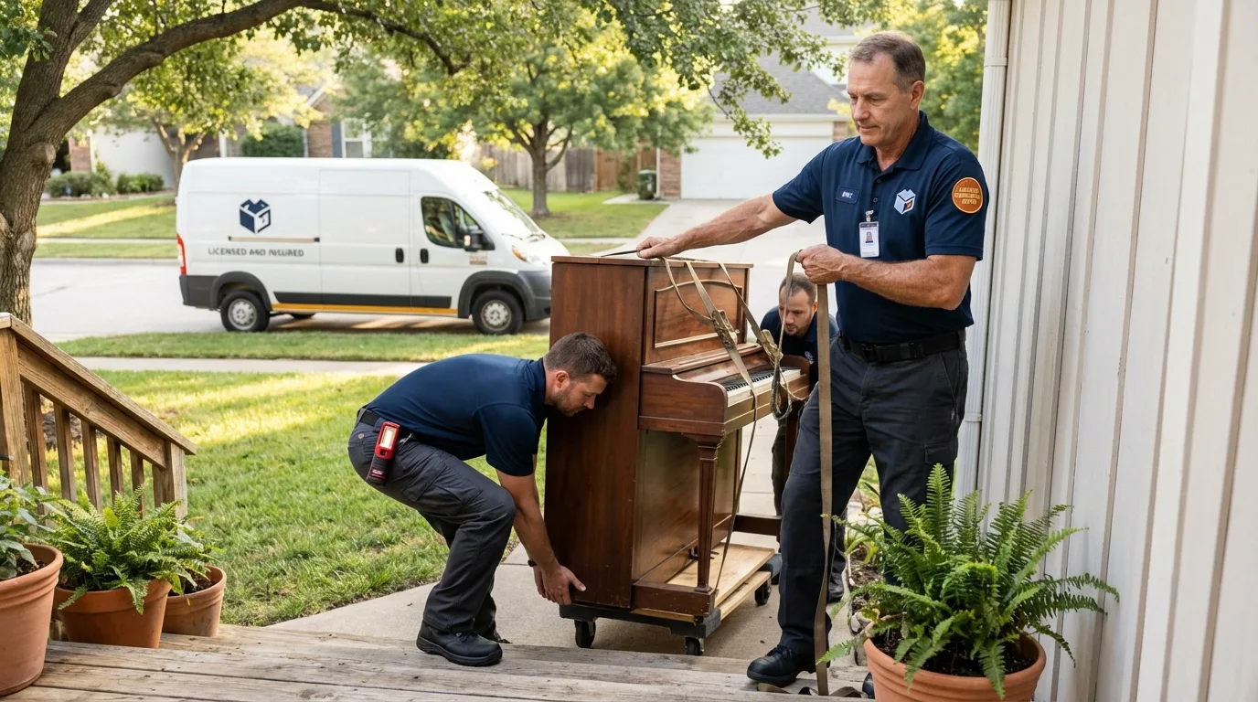 Licensed piano movers securing grand piano in Galva, IL