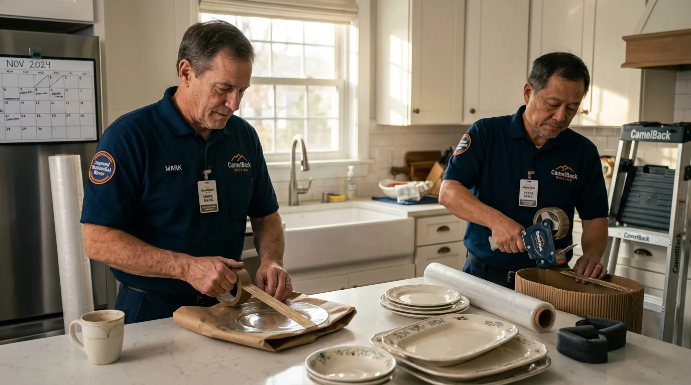Professional crew packing kitchen dishware in Galva, IL